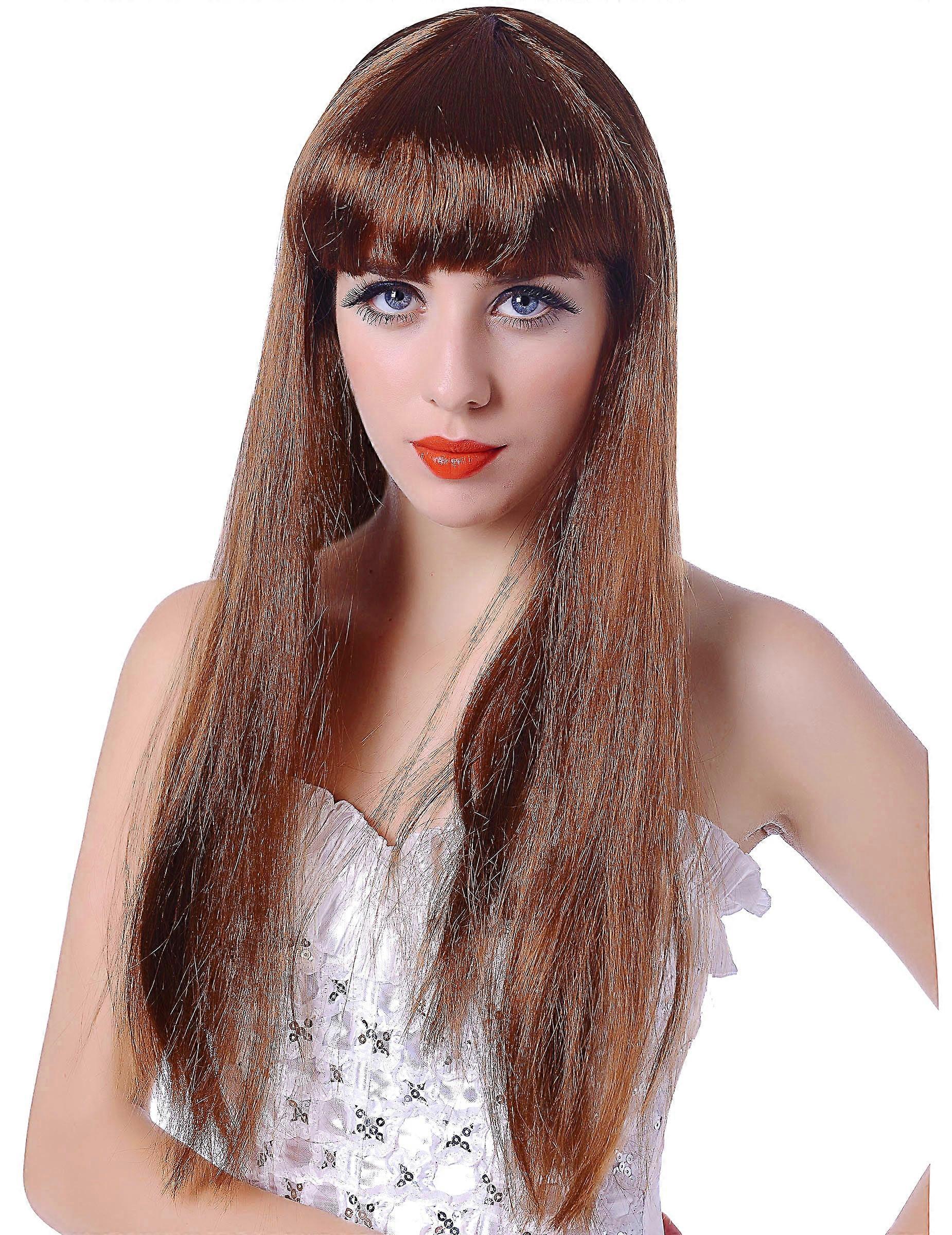 Long brown wig with bangs for women