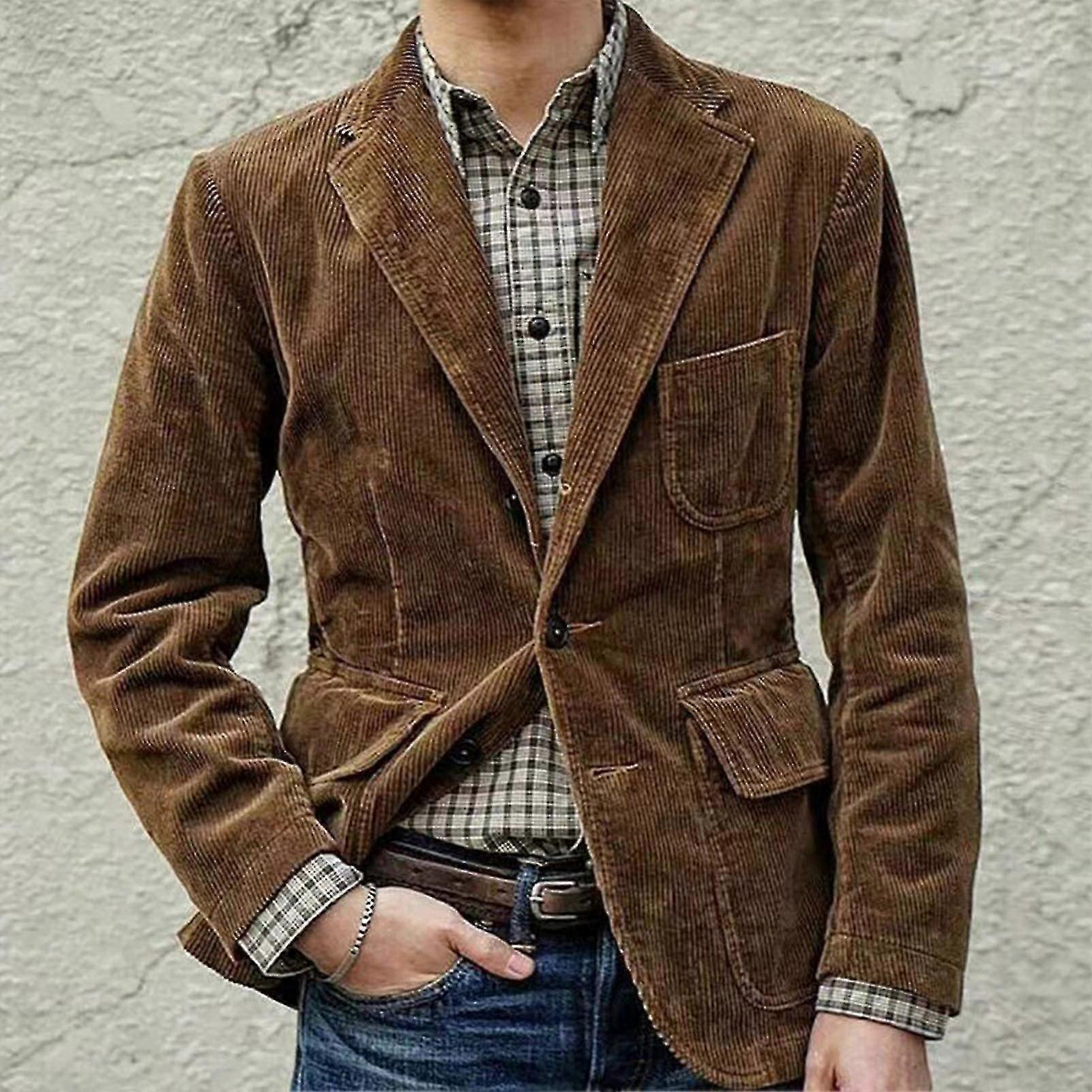 Flap Pockets Single Breasted Men Jacket Corduroy Lapel Suit Jacket