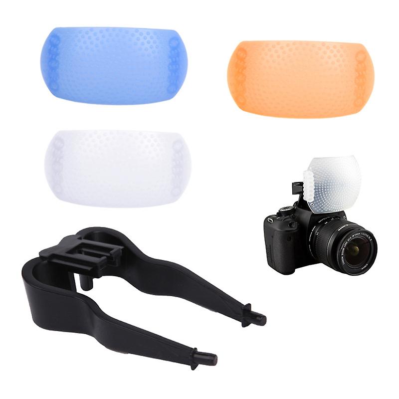 Three-color adjustable internal flash diffuser, camera diffuser with white, orange, and blue colors.