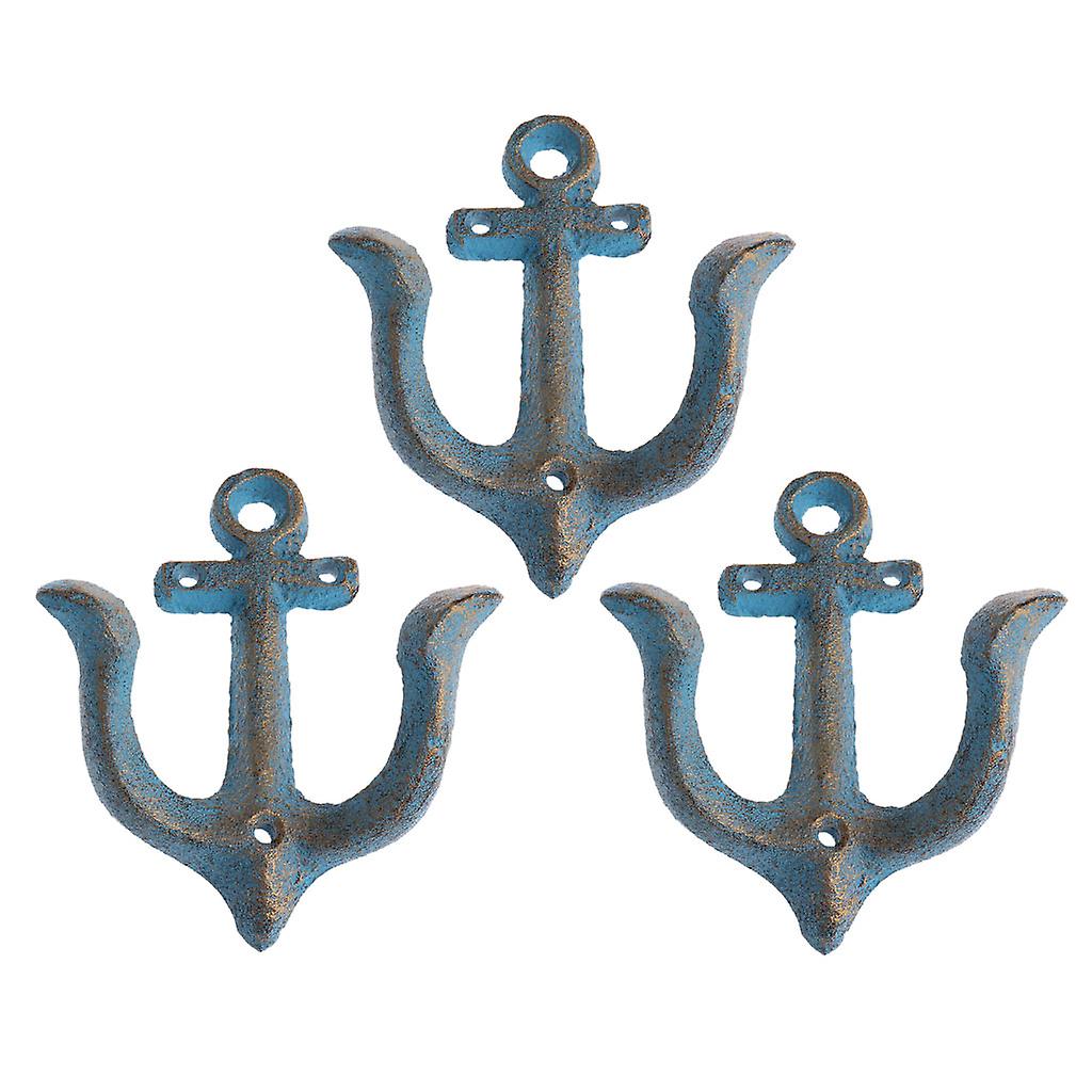 3 Pcs Rustic Double Wall Hook Bedroom Hanger Wall Mounted Anchor Shape Blue