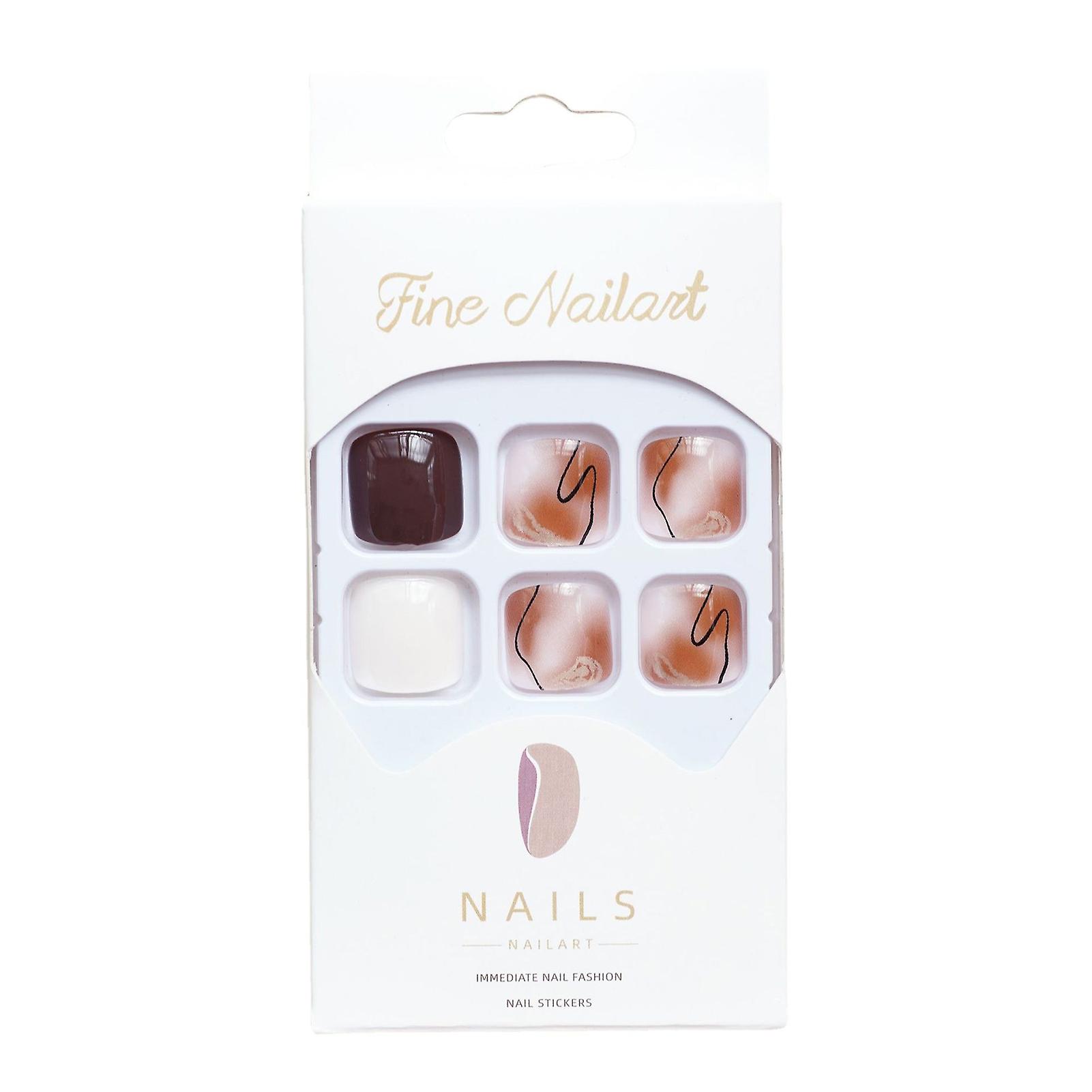 Beige Coffee Smudging Glossy False Toenails Full Cover Square Artificial Nail Tips