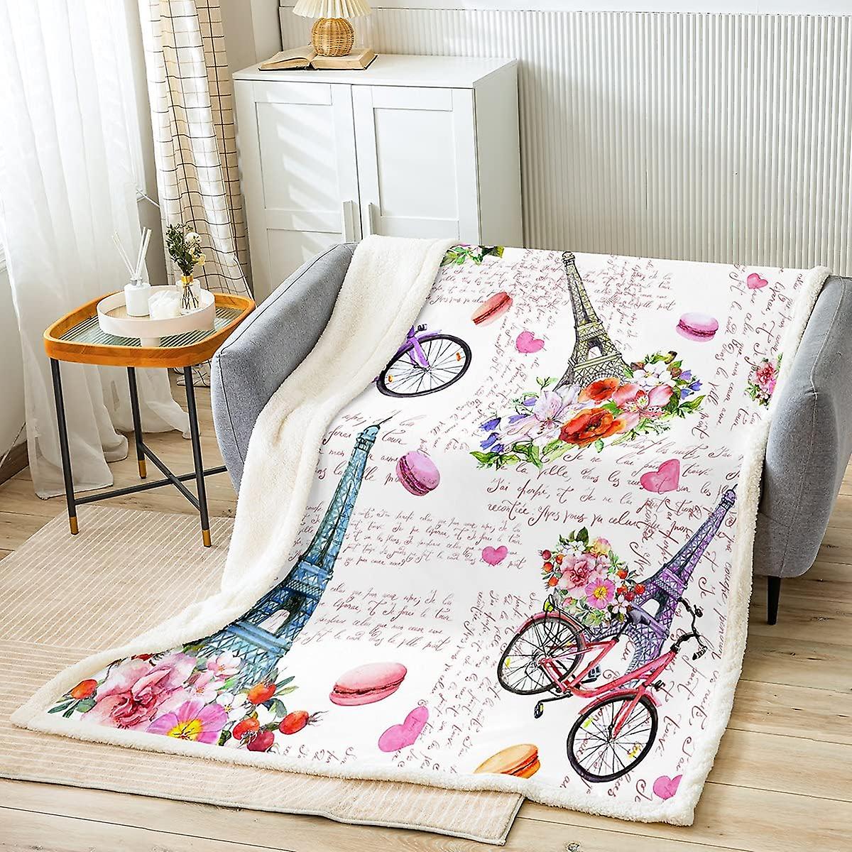 Eiffeltårnet Plys tæppe Paris Kast tæppe Romantiske franske tekster Sherpa tæppe til børn Piger elsker farverige blomster Cykel Macarons Fuzzy Blank
