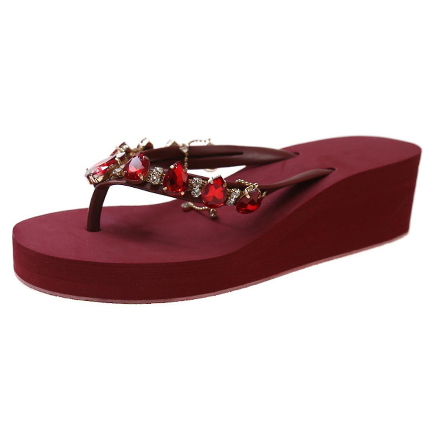 Women's Rhinestones Wedge Platform Flip Flops with Arch Support Comfortable Soft Cushion Slip-on Fli