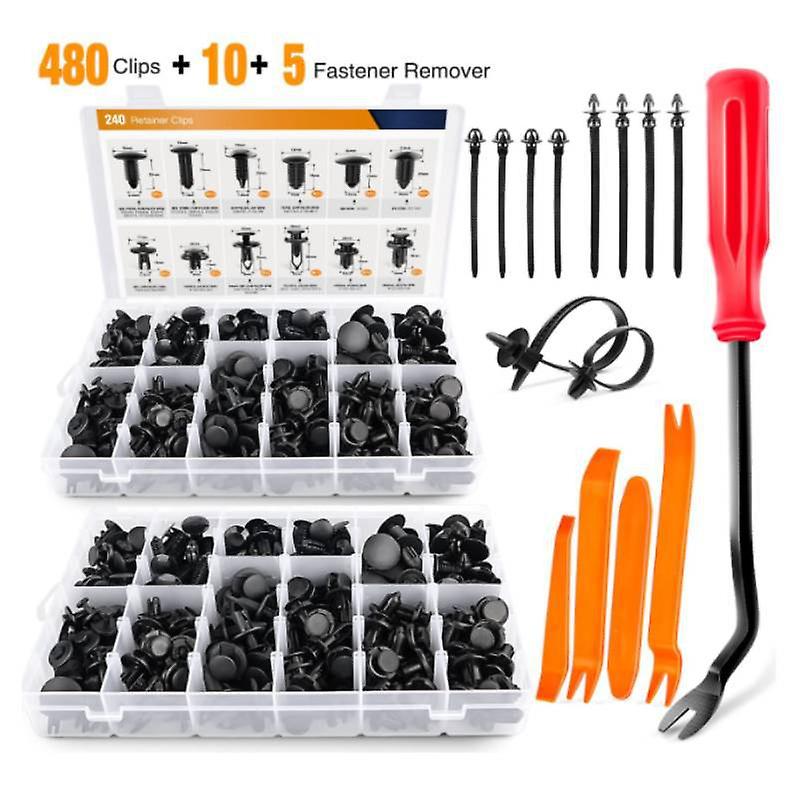 Bumper Push Fastener Rivet Clip Expansion Screw Replacement + Fastener Removal Kit - 480pcs (Medium) Tools (5) 10 Strips (Pack of 1)