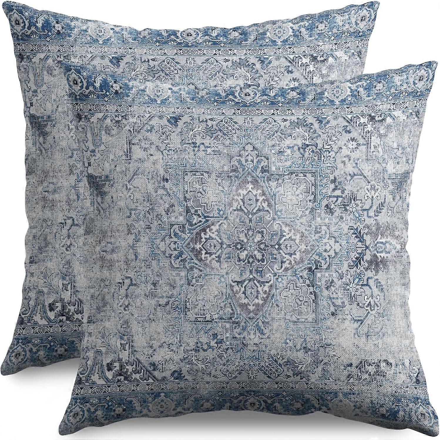 Blue Gray Grey Boho Pillow Covers 16x16 Set of 2 Carpet Design Ethnic Bohemian Floral Pattern Decorative Throw Pillow Cases Outdoor Farmhouse Decorati