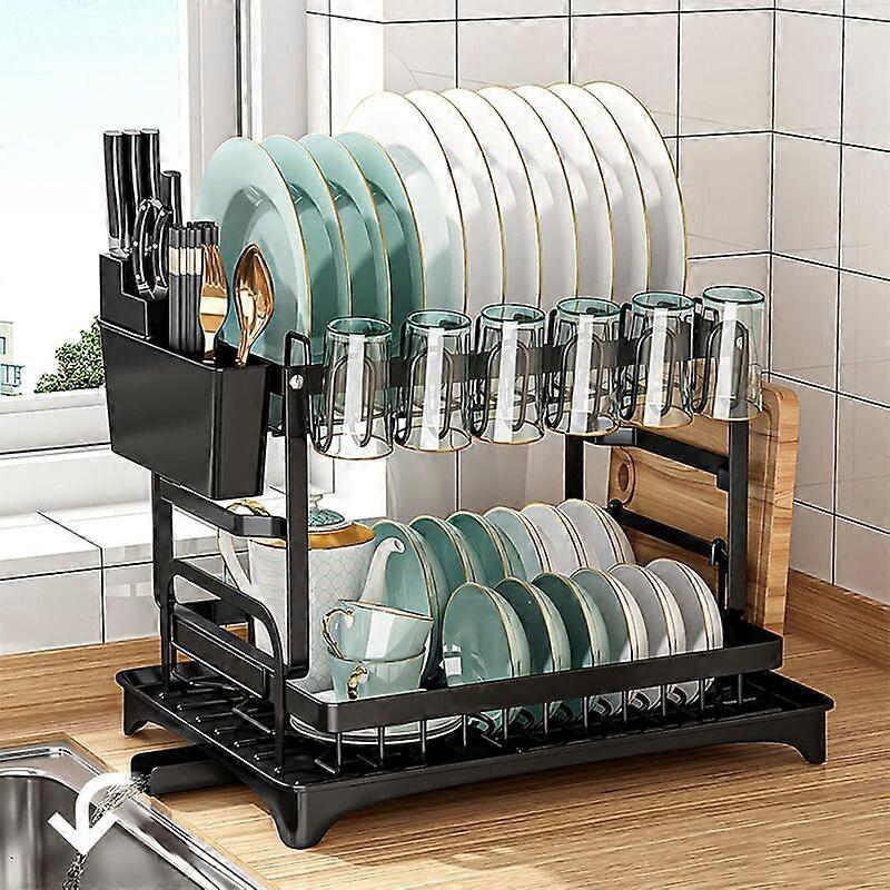 Black 2 Tier Kitchen Dish Drainer with Drip Tray, Dish Drying Rack, with Drain
