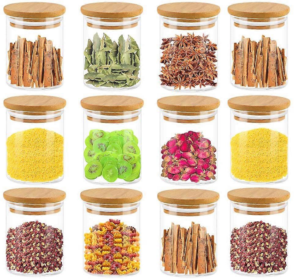 Piao Pack Of 12 Spice Jars Storage Jars Glass Spice Jars 120Ml With High-Quality Wooden Lid Made Of Bamboo For Storing Tea Herbs And Spices