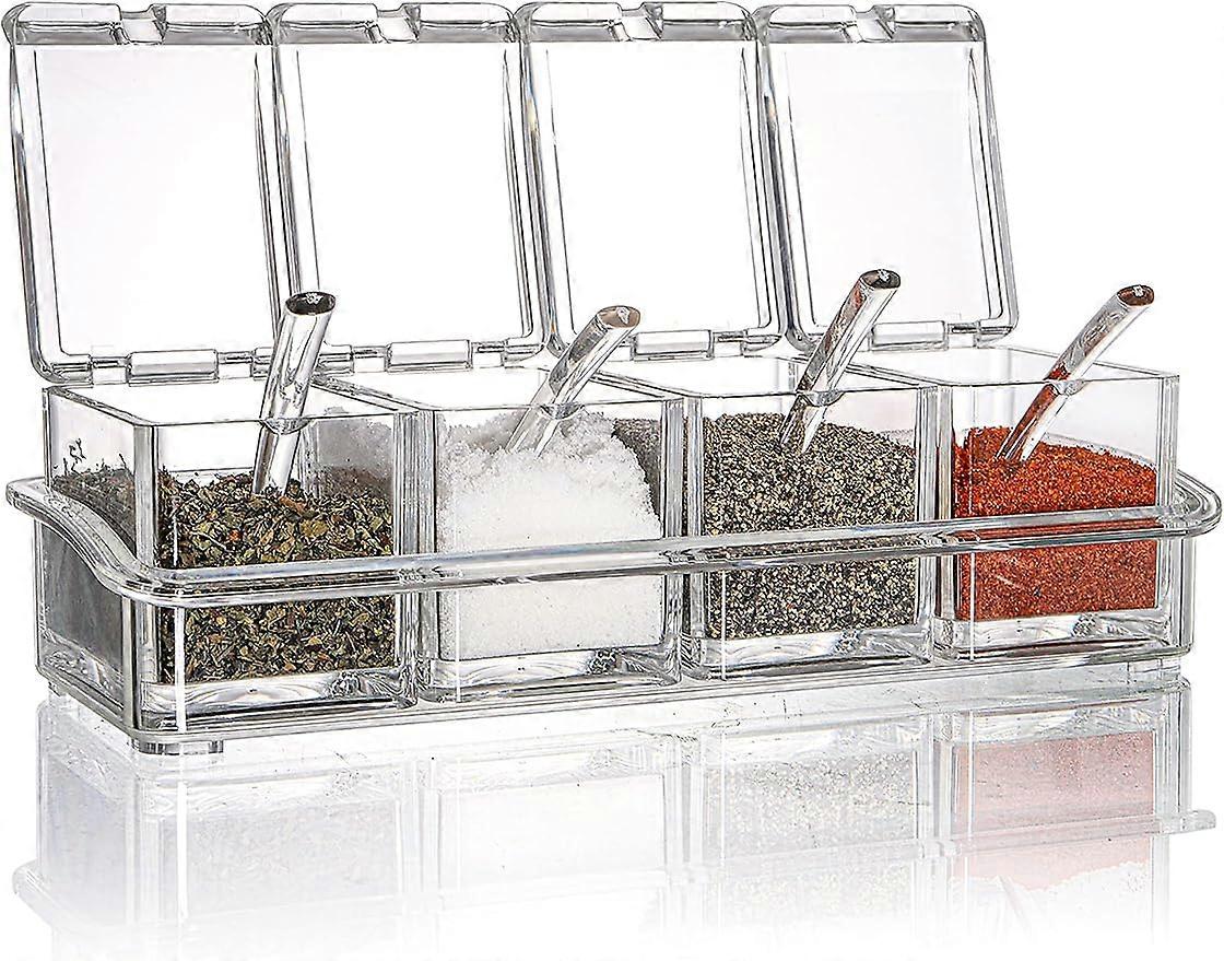 Clear Seasoning Rack Spice Pots - 4 Piece Storage Container Condiment Jars - Acrylic Seasoning Box Cruet with Cover and Spoon