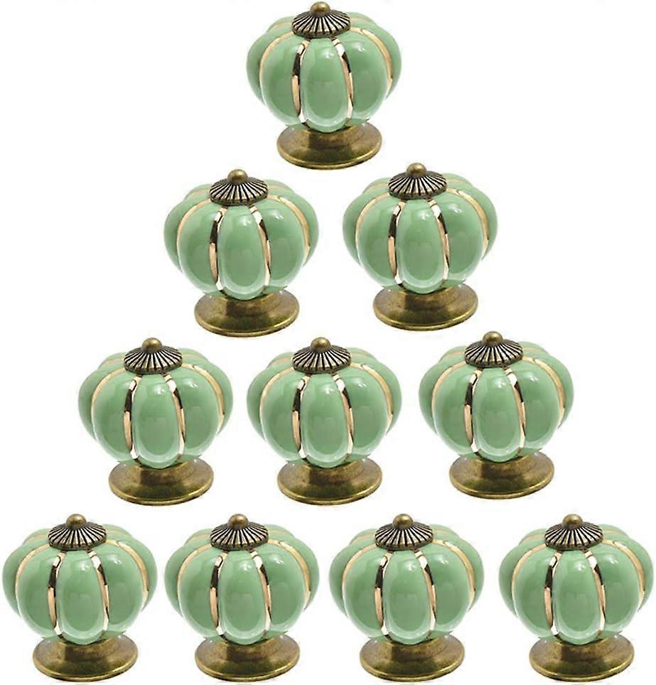 Set of 10 vintage ceramic pumpkin door knobs Light green