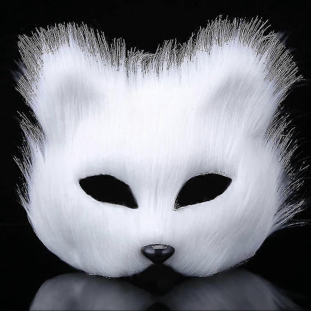 White Fox Face Mask, With Atificial Fox Fur For Masquerade Halloween Theme Party