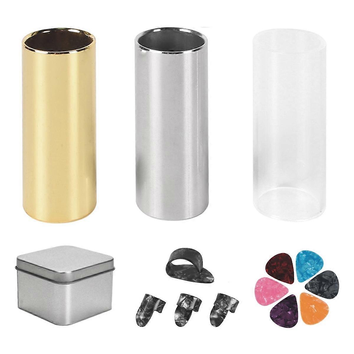 60mm Guitar Slide Set,Stainless Steel Metal/Glass Finger Slides 6 Pcs Guitar Picks,and 4 Finger Pic