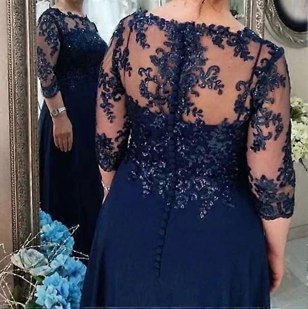 Navy Blue Appliques A-Line Mother's Gown with Short Sleeves