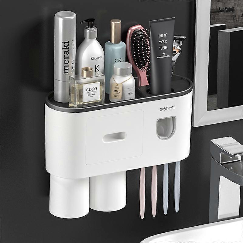 Badrum Organizer Tandkräm Automatisk dispenser Tandborsthållare Väggmonterad, Multifunktionell Tandborsthållare Förvaringsställ / grå