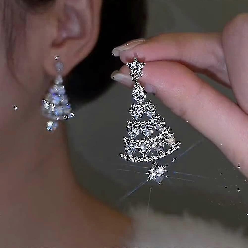 Orecchini per albero di Natale, orecchini pendenti con albero di Natale in zircone placcato oro 14 carati