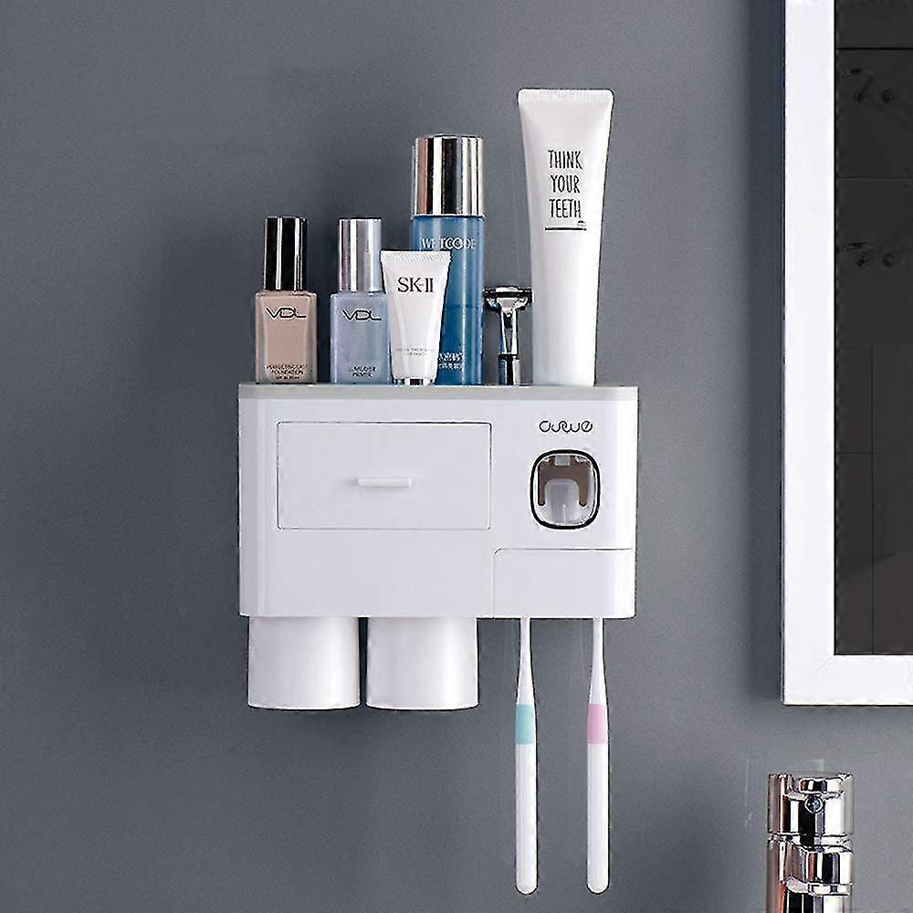 Automatic Toothpaste Dispenser With Wall Mounted Toothbrush Holder, 6 Toothbrush Slots, 2 Cups