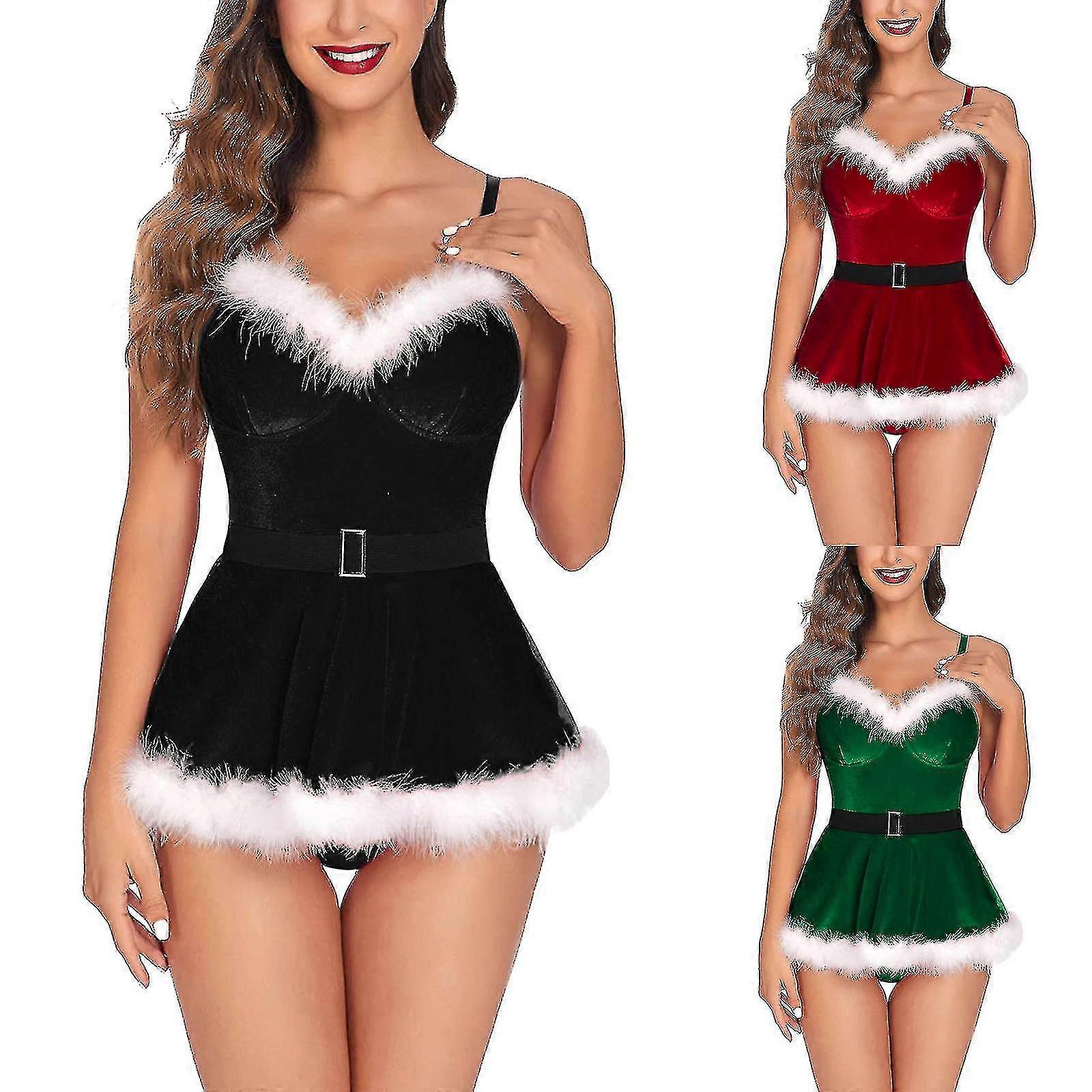 Kvinnor Underkläder Set Sovkläder Stålring Pyjamas Strumpeband Klänning Set Sexig Jul Plysch Smal Klänning Jultomten Cosplay Kostym