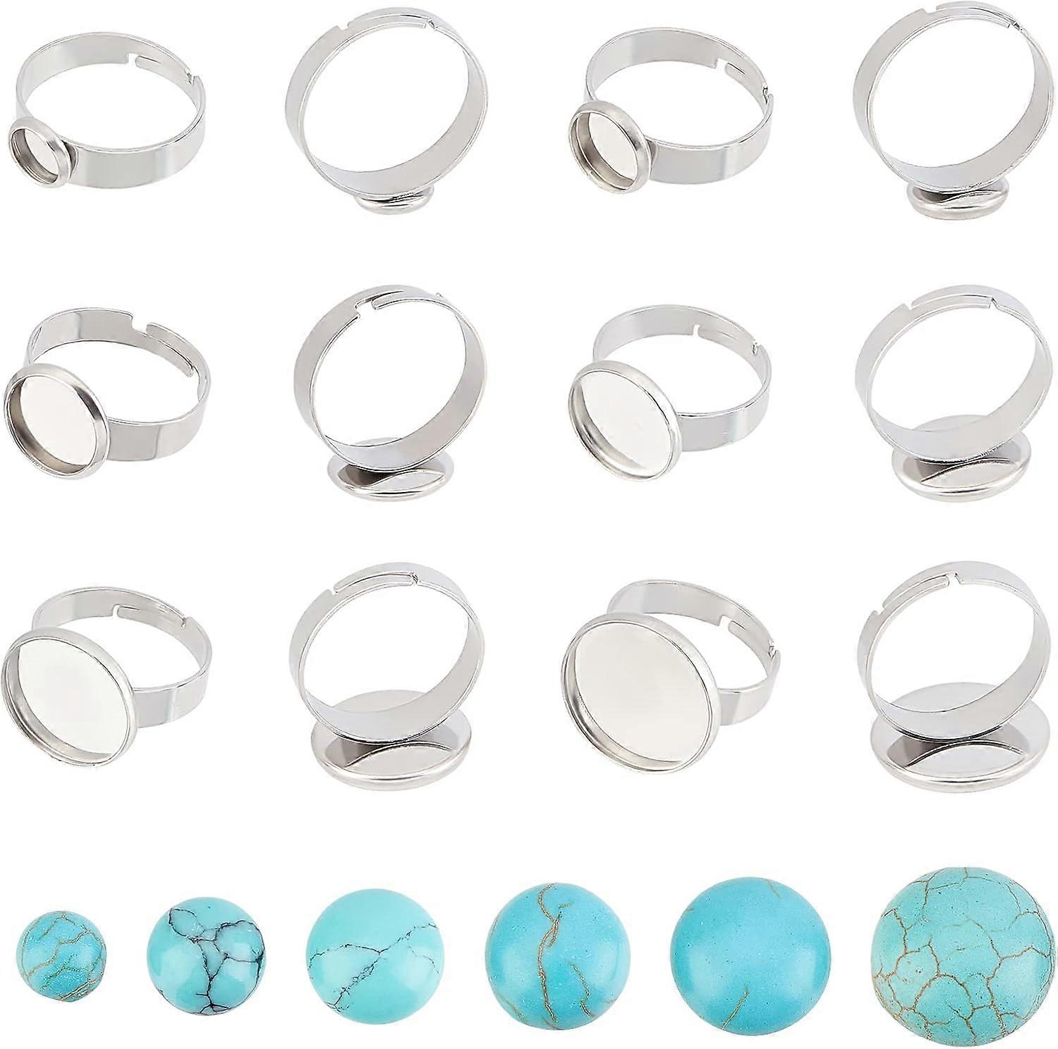 24pcs Adjustable Ring Making Kit Finger Ring Blank Bezel Cabochon Settings with Synthetic Turquoise Cabochons Stainless Steel Pad Ring Setting 6/8/10/