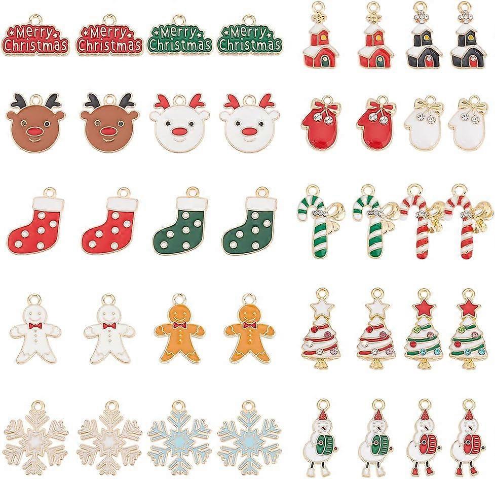 1 Box 40Pcs 20 Styles Christmas Charms Bulk Winter Tree Gingerbread Man Snowman Snowflake Gifts Box Enamel Rhinestone Tree for Jewelry Making Charms D