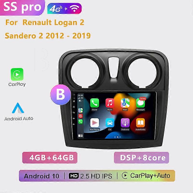 2din 4+64G auto Android radio multimedia player carplay GPS navigation NO DVD For Renault Logan 2 Sandero 2 2012 2013 2014-2019