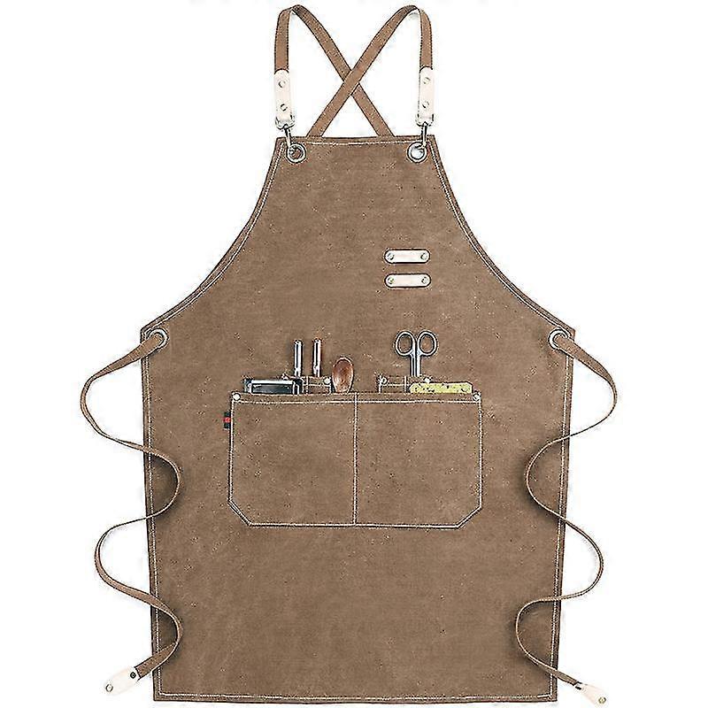 Chef Apron Cotton Canvas Apron Cross-over Back With Pockets Adjustable Shoulder Straps Kitchen Cooking And Baking (khaki)