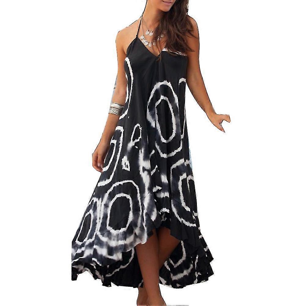 Boho Circle Print V Neck Women Backless Halter Bandage Asymmetric Maxi Dress
