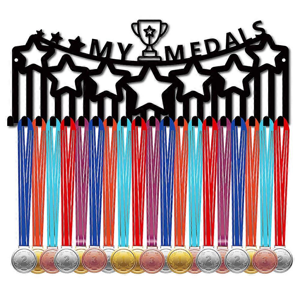 Iron Medal Holder Frame 20 Hooks Medals Display Hanger Rack with Screws Black Trophy 150x400mm Hole: 5mm