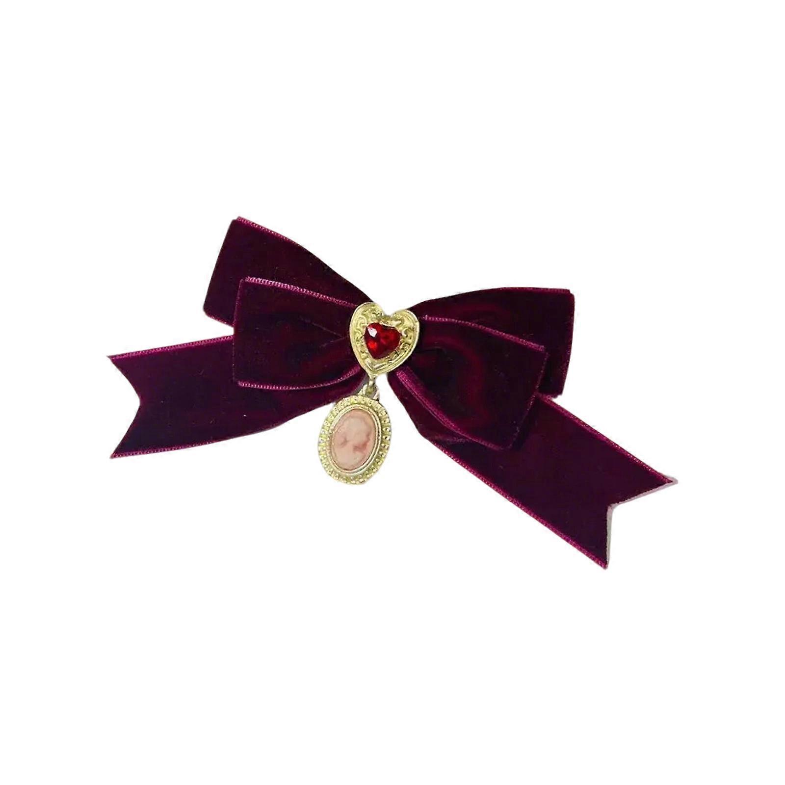 Velvets Bowknot Pin with Rhinestones Heart Handmade Bowtie Brooch for Fashion Enthusiasts Stylish Neckline Accessories  Wine Red