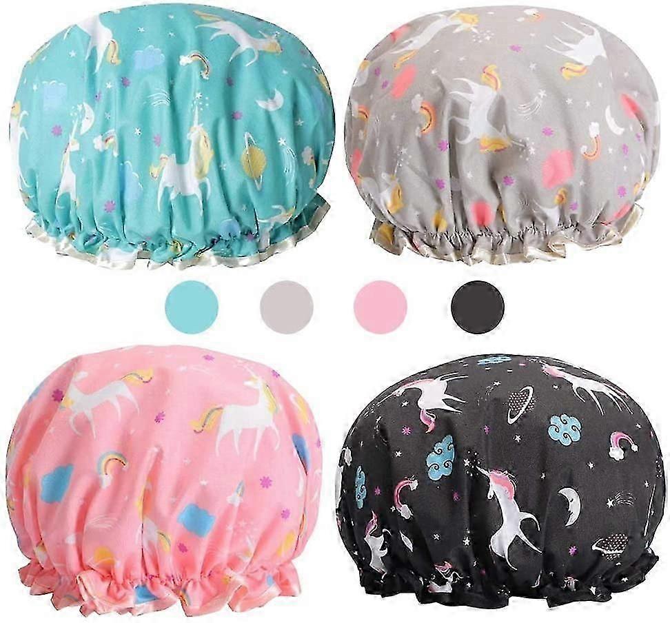 Shower Cap, 4 Pcs Waterproof Elastic Bathing Cap Reusable Hat, Large Hair