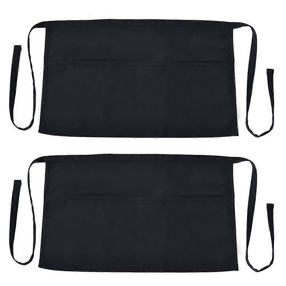Pack of 2 Waist Aprons, Black, Half Apron, Unisex Waiter's Apron with 3 Pockets, Short Cooking Apron for Chef, Waiter, Baker