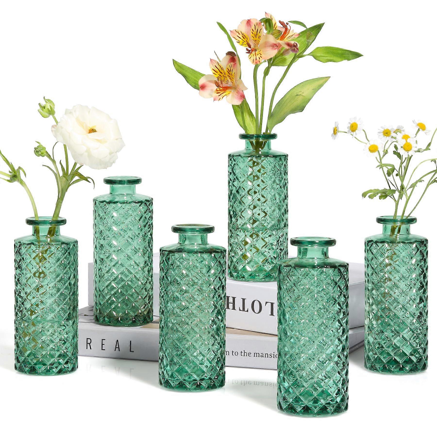Set of 6 Green Glass Bud Vases - Mini Diamond Flower Vases for Centerpieces