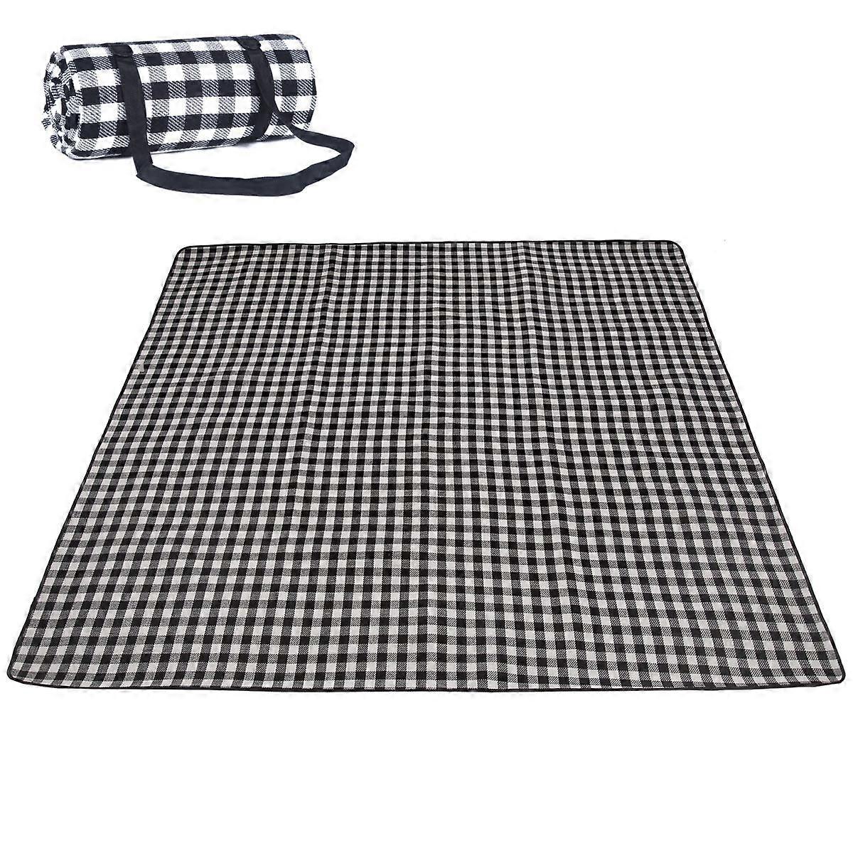 Extra Large Black Plaid Picnic Blanket, Machine Washable, Sand Free Beach Mat with Handle Bag