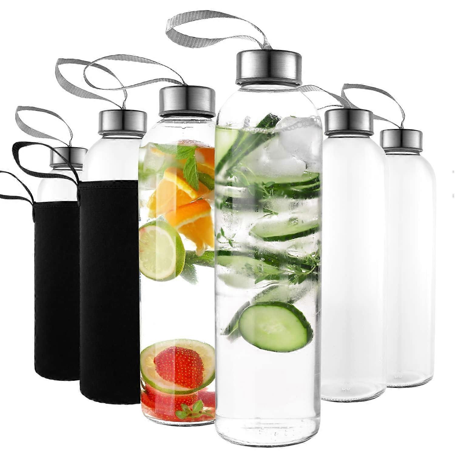 16oz Glass Water Bottles, Pack of 6 with Straps