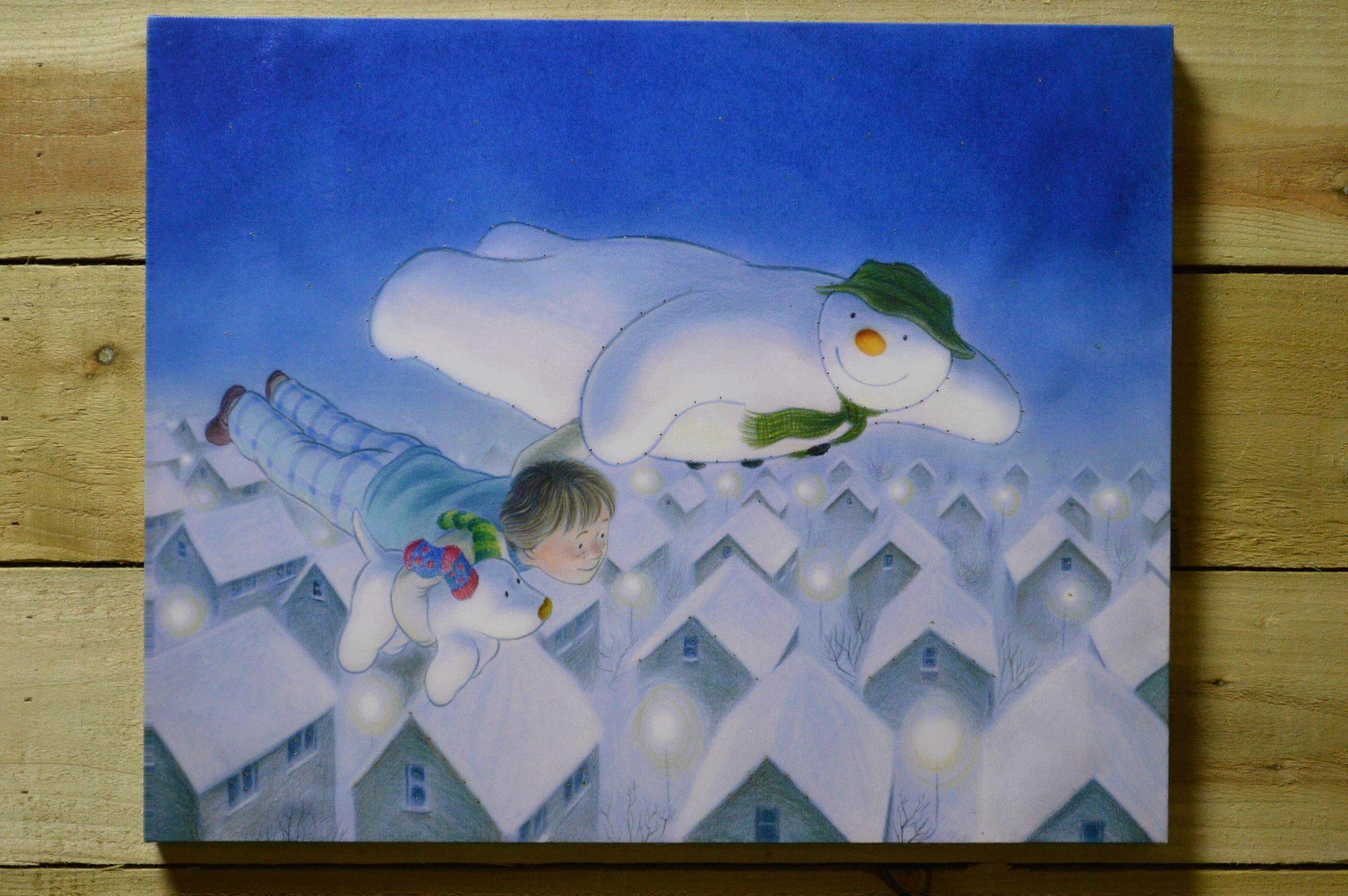 50Cm X 40cm Snowman & Snowdog Rooftops Led Wall Canvas With Timer