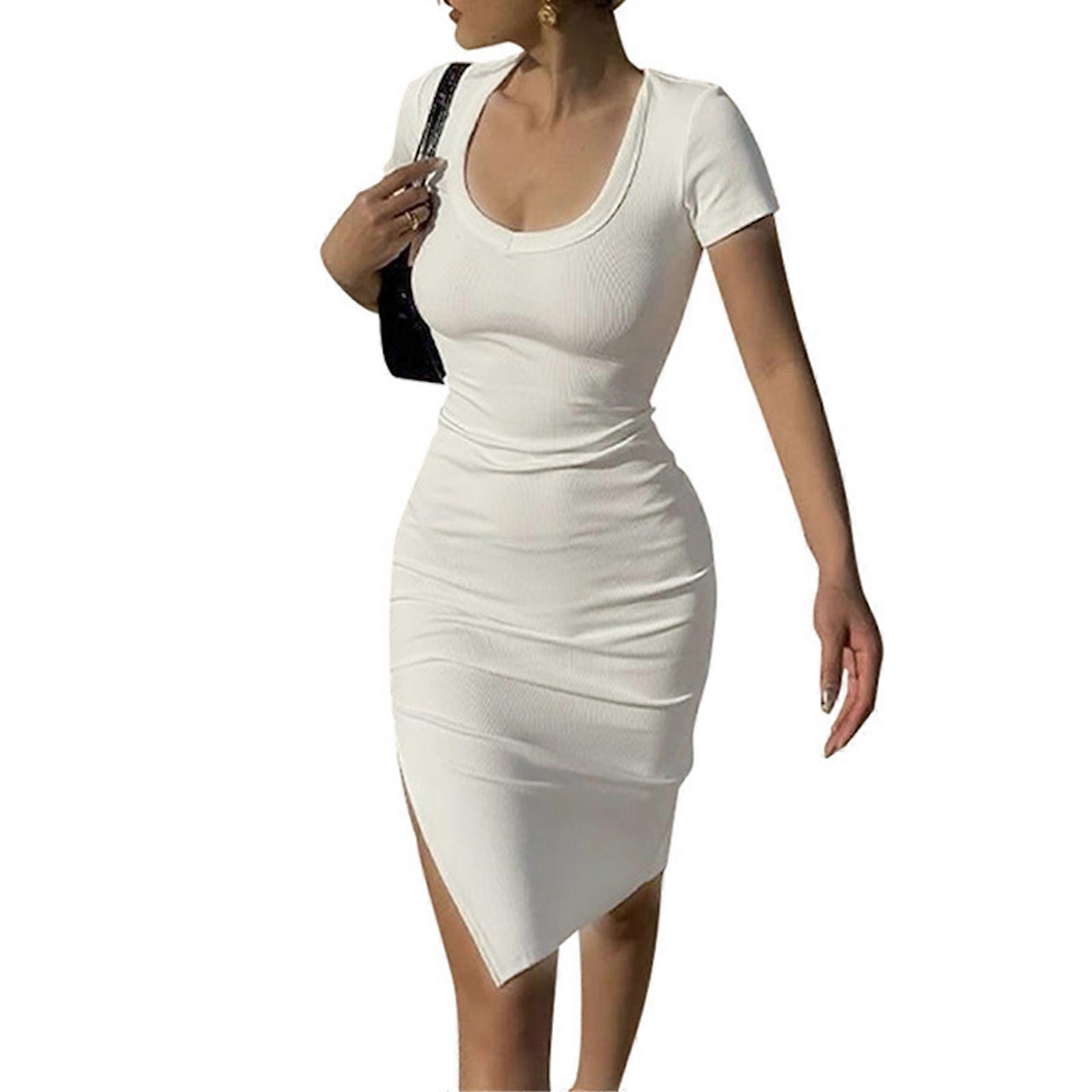 女性スクープネック半袖ボディコンミディドレスサイドスプリット太ももハイウエスト無地パッケージヒップ膝丈ドレスホワイトM