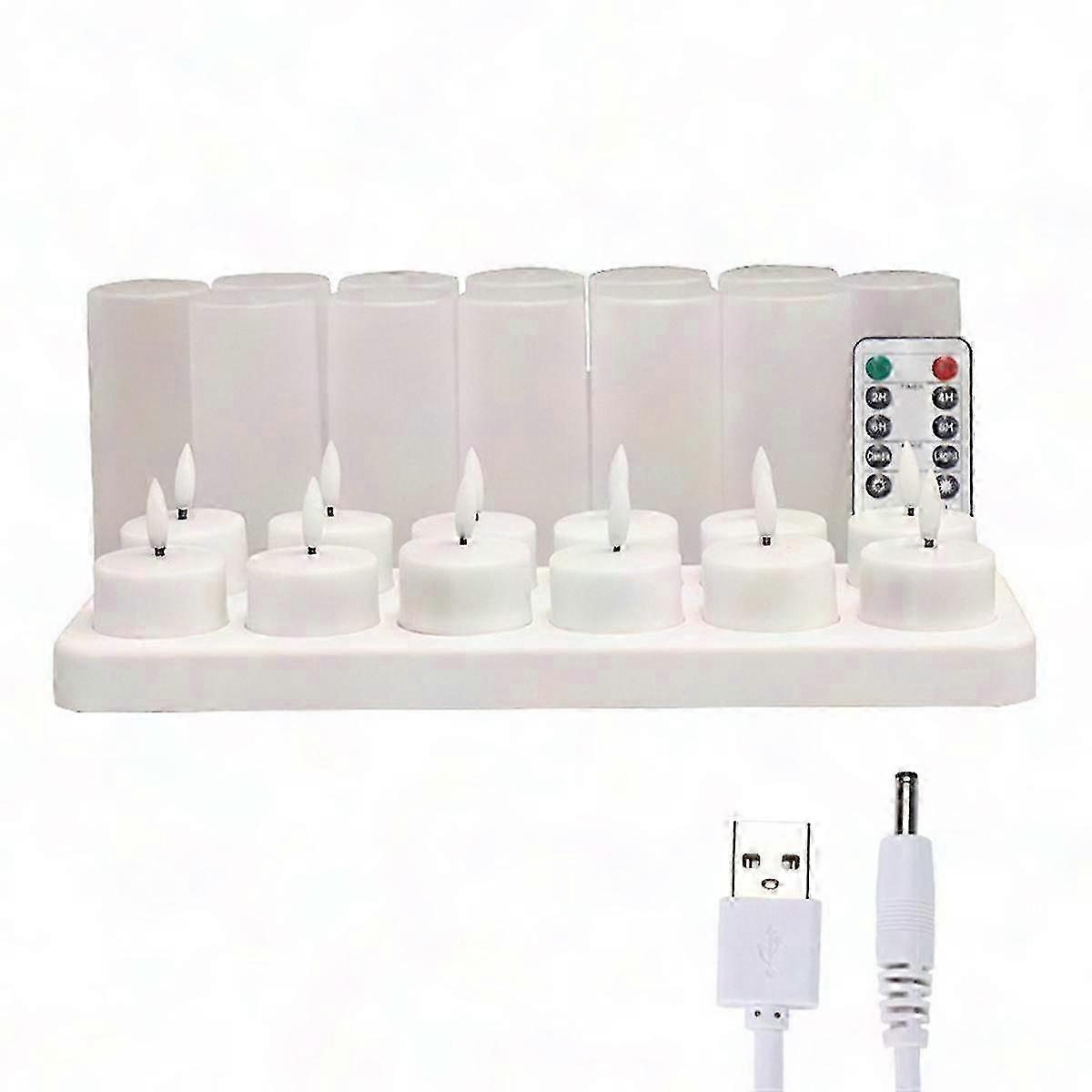 LED Tea Lights Candles with 12pcs Rechargeable USB Power Remote Timer Base