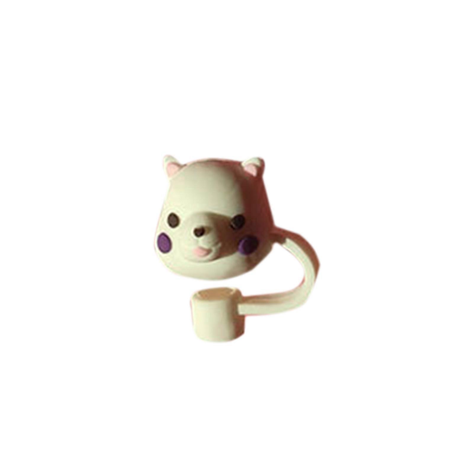 Straw Tips Cover Silicone PVC PP Dustproof Reusable Portable Portable Straw Caps for Kids Families(White Bear [without Straw] )