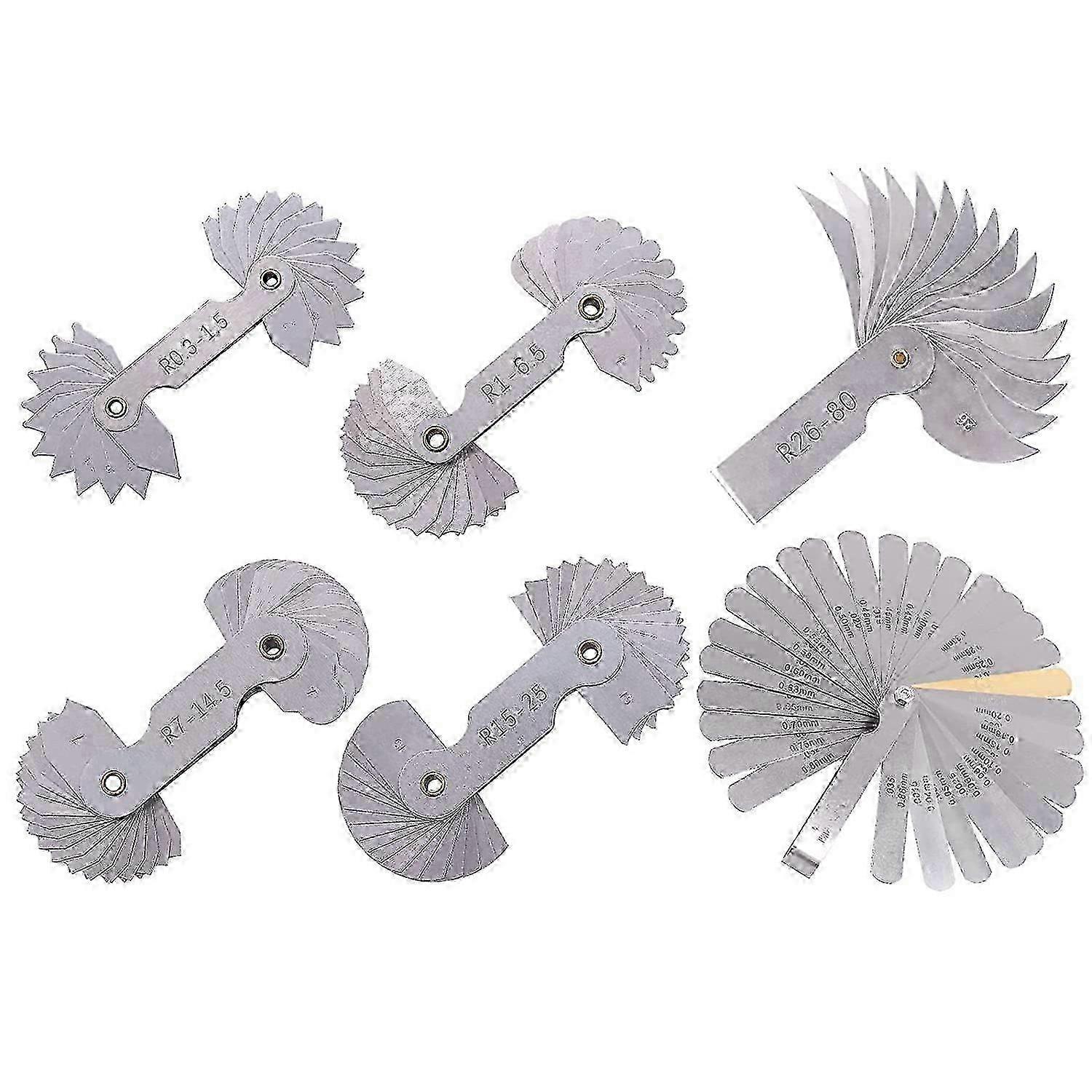 6 stk rustfritt stål radiusmålersett med følemåler