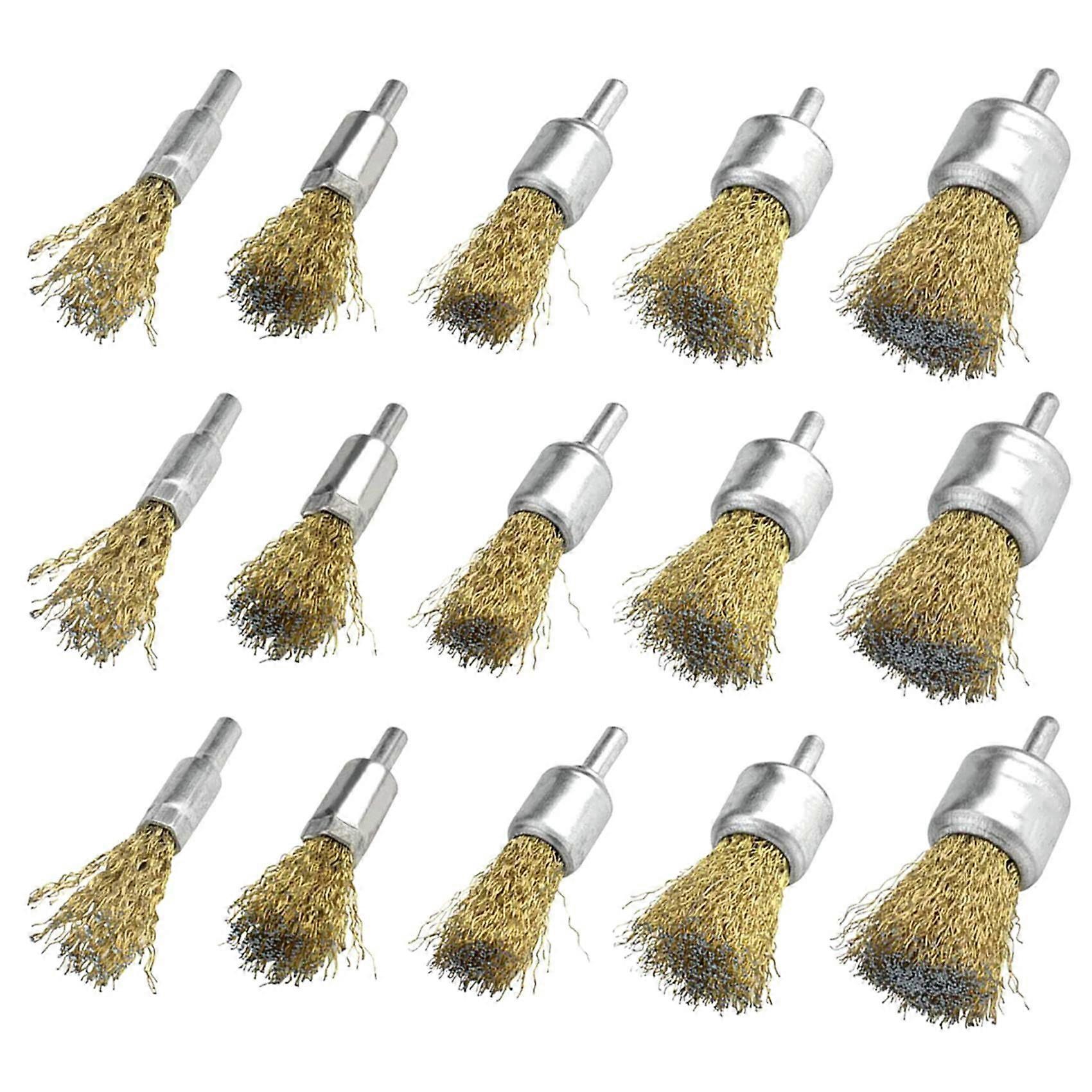 15 Pack Wire Wheel Cup Brush Set with 1/4 Inch Round Shank, 5 Sizes Brass Coated Wire for Paint Removal Project/Corrosion/Rust