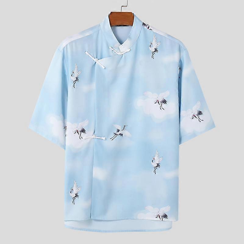 INCERUN Men Summer Stand Collar Short Sleeve Vintage Print Loose Tops