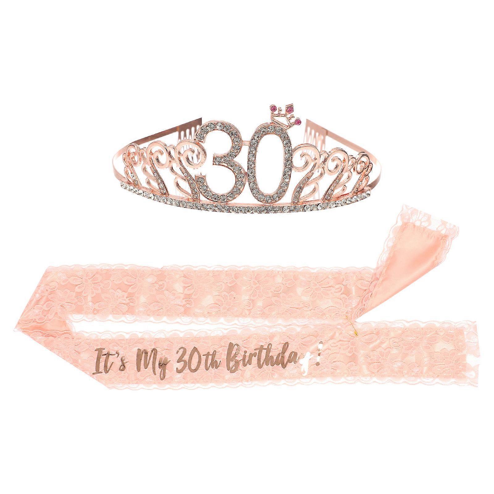Birthday Crown Sash Set Elegant Decorative Accessory for Women Pink Color 1Set
