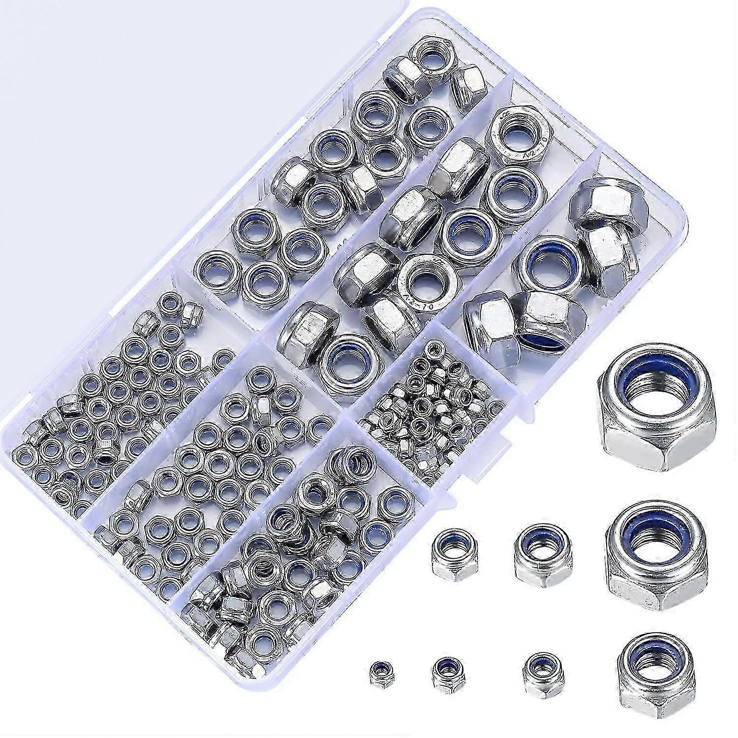 170 Pieces Counter Nut Assortment, Stainless Steel Self-locking Lock Nut, Hex Nuts, M3 M4 M5 M6 M8 M10 M12 Threaded Inserts, Nylon Counter Nuts