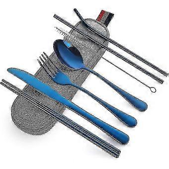Portable Cutlery, Travel Camping Cutlery Set, 8 Piece Set Including Cutlery, Spoon, Chopsticks, Cleaning Brush, Straw Carrying Case, (blue)