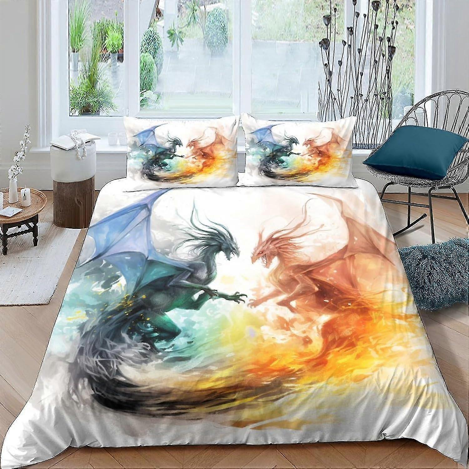 Conjunto de capa de edredão de um lado impresso de dragão de fogo de gelo 3 peças com fronhas de fechamento com zíper Ultra Soft Hypoallergenic Microfiber Bedding