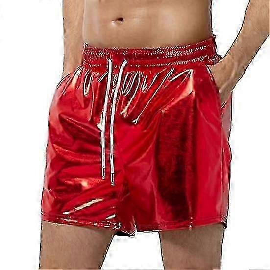 Men's Glossy Elastic Waist Shorts with Drawstring, Casual Beach Streetwear Pants