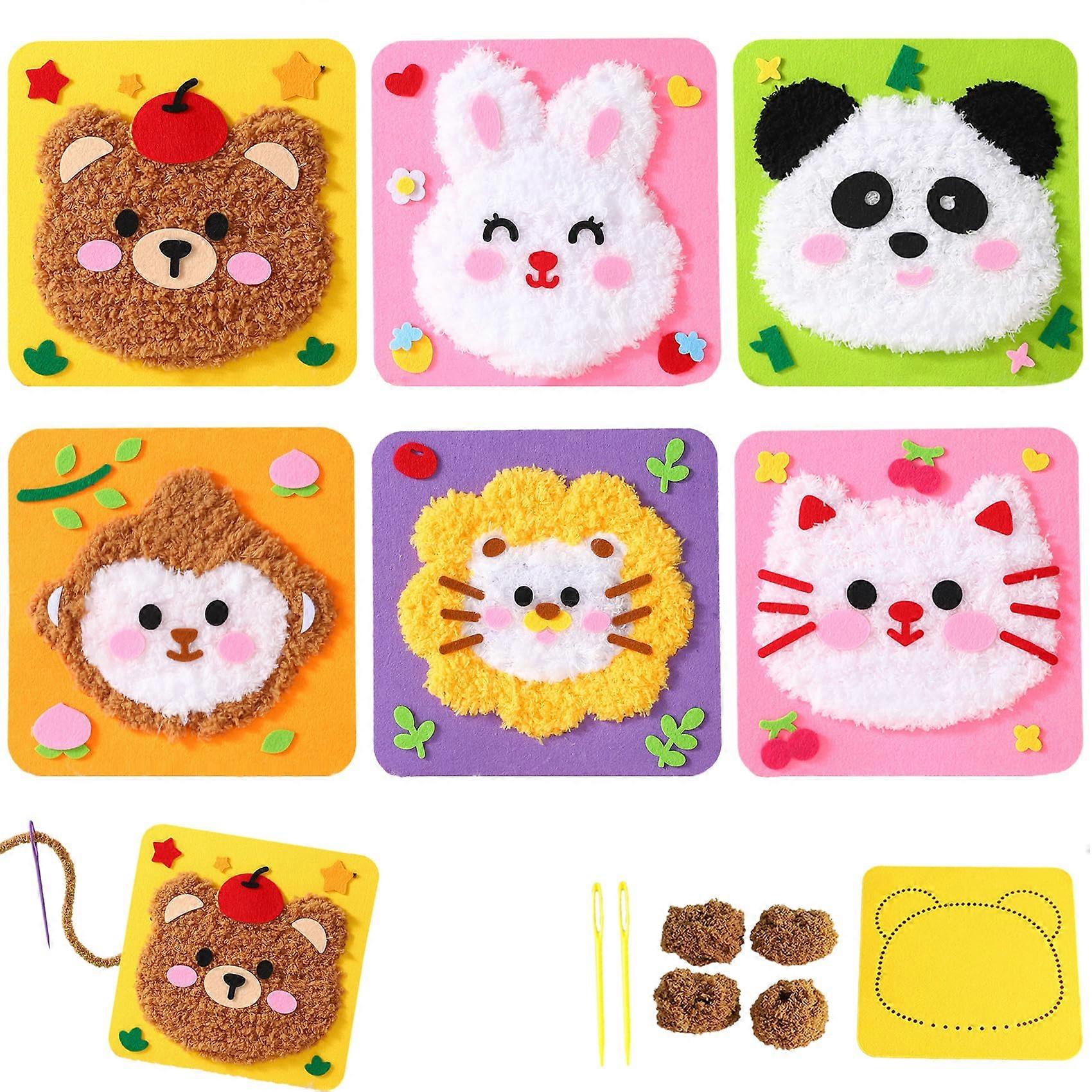 DIY Stick Puppet Set for Kids, Cartoon Animal Sewing Kit with Felt Embroidery and Stickers, Crafting Projects для Children