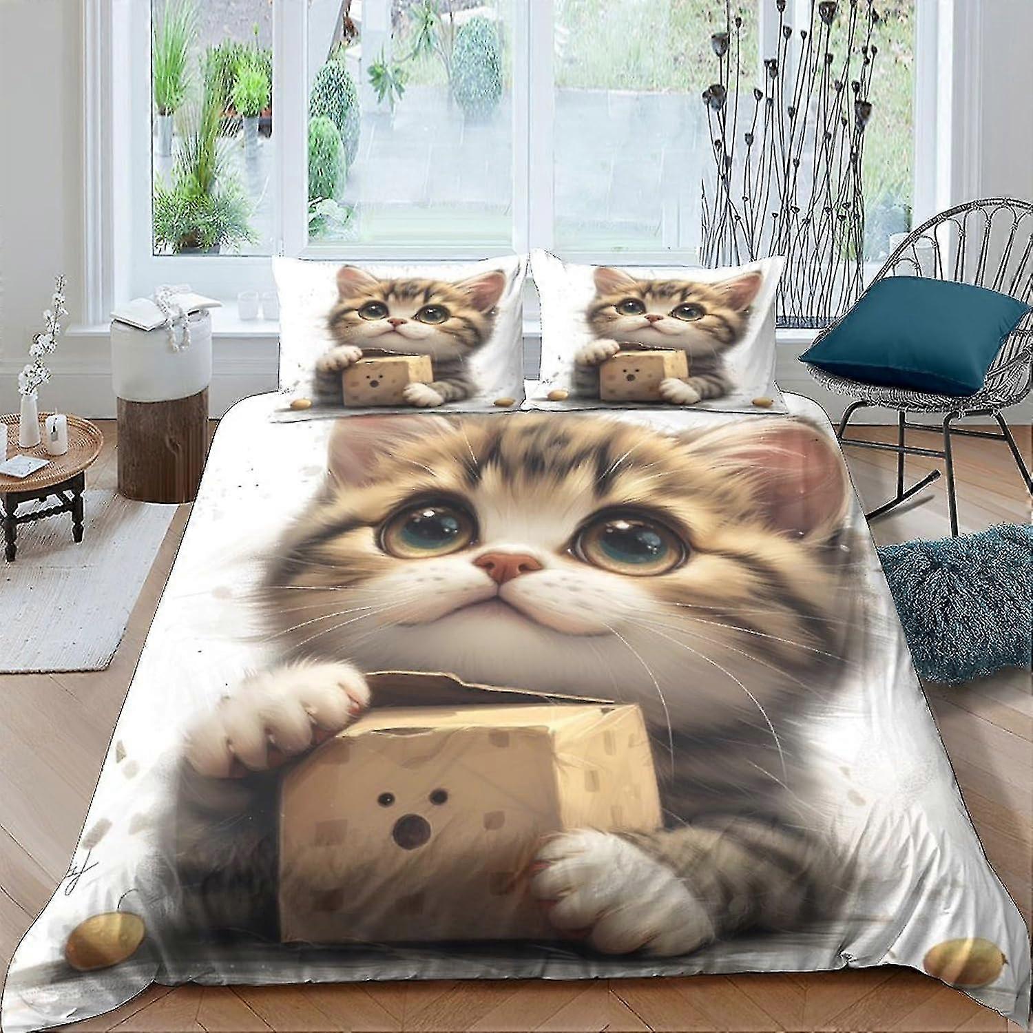 Cartoon Kitten Duvet Cover Set 3 Piece Bedding Set with Zipper Closure, Festival Quilt Cover with Pillow Cases, Soft Microfiber
