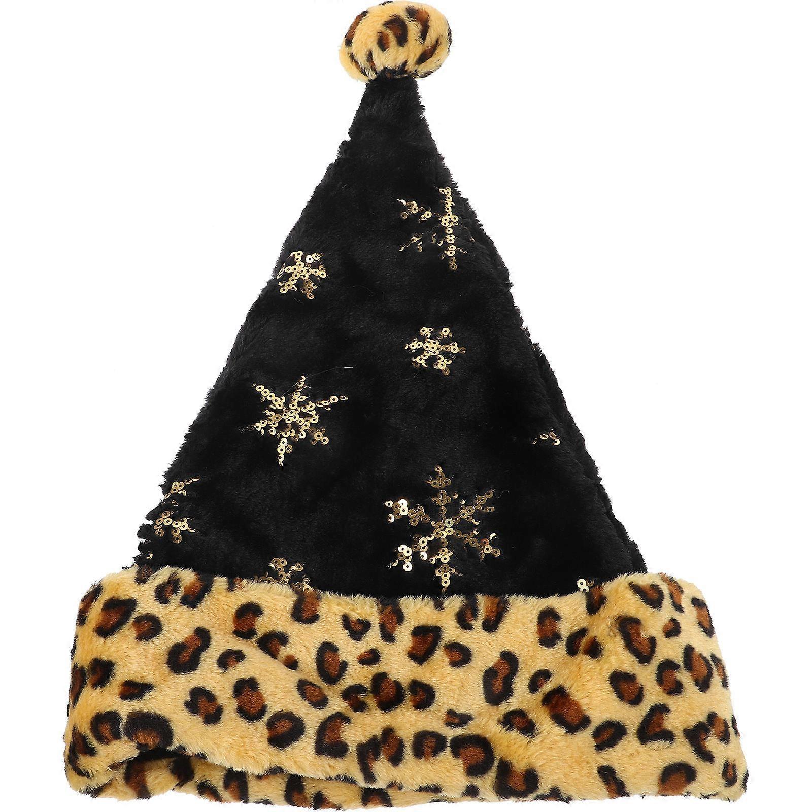 a polished product description based on your input:

 

**Leopard Print Plush Christmas Hat – Festive Santa Cap with Sequin Snowflake Embroidery –
