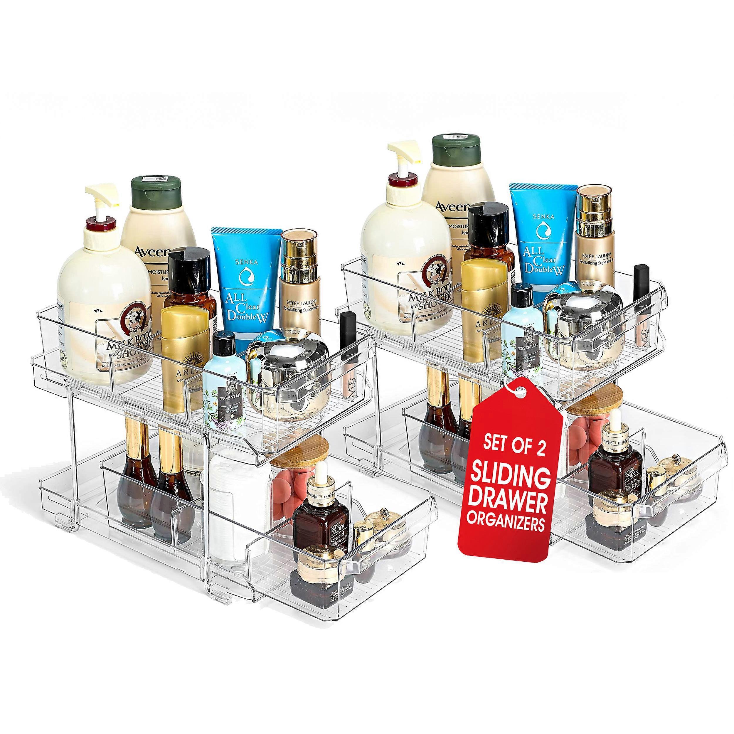 2-Pack Two-Tier Clear Pull-Out Drawer Organizers - Compact Makeup and Closet Organizer - Bathroom/Vanity/Office/Kitchen Storage Solution, Ideal for Under Sink, Pantry, Cosmetics, Medicine & Food