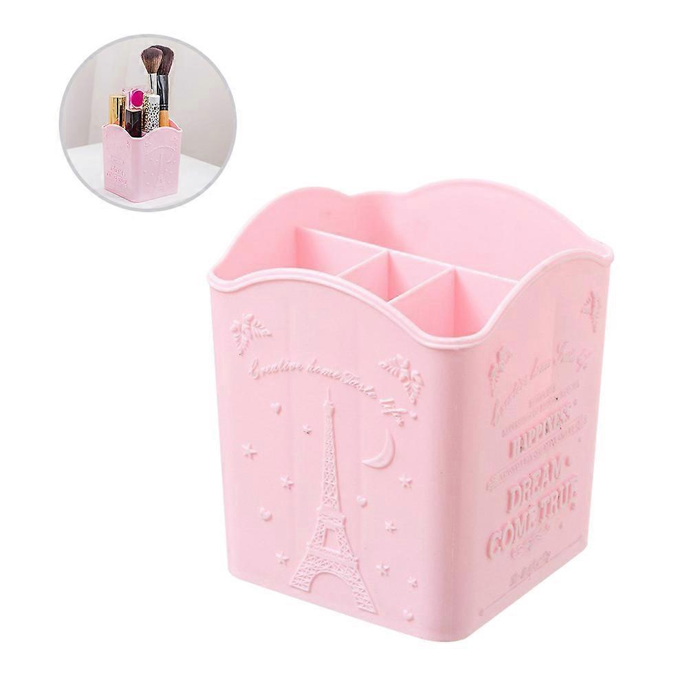 Eiffel Tower Shaped Pen Holder for Home Use Pink Plastic Desktop Organizer with 4 Grids Storage Box