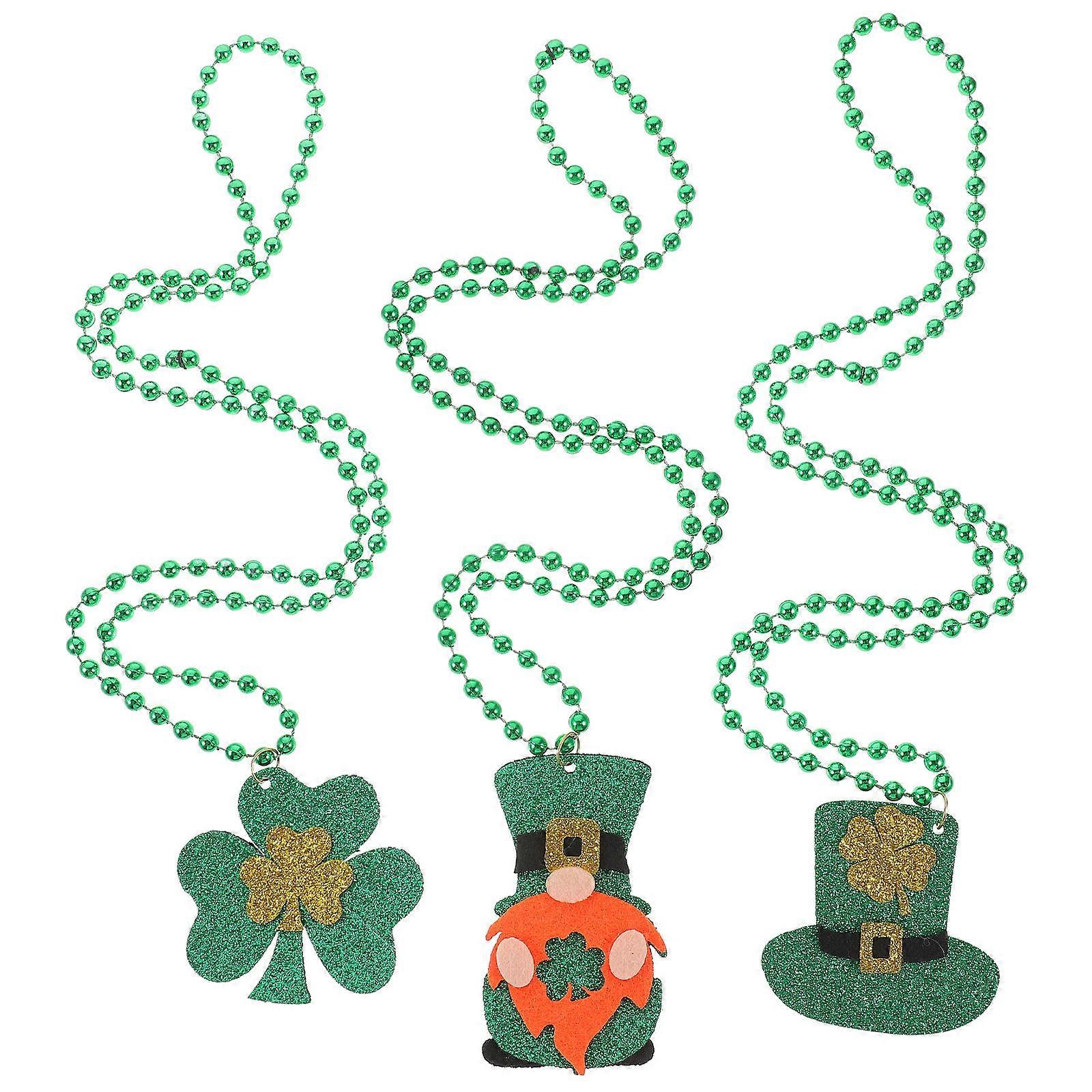 St. Patrick's Day Beaded Necklace with Shamrocks Hats and Gnome Pendants for Decoration Green Felt 3pcs Set